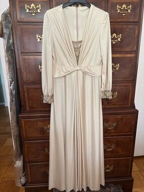 Vintage Beaded Neutral V-Neck Evening Gown